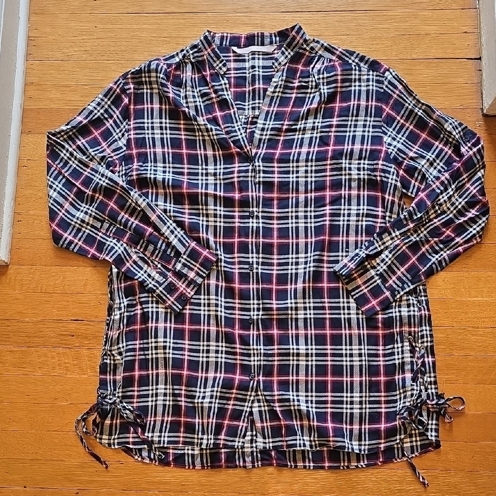 ZARA Trafaluc Collection, Plaid Relaxed Blouse, Lace Up Sides, EUC, Women's L